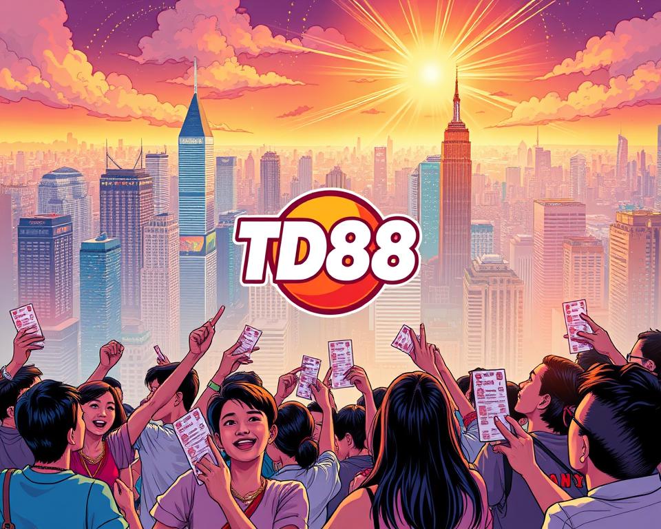 A vibrant and captivating scene of the "xsmn hôm nay" lottery draw, set against a backdrop of a bustling city skyline. In the foreground, a group of eager participants hold their tickets, their expressions filled with anticipation and excitement. The middle ground showcases the iconic TD88 brand logo, representing the trusted source of the lottery. In the background, a warm, golden light bathes the scene, creating a sense of hope and potential. The overall atmosphere evokes the thrill and joy of the lottery experience, reflecting the "Tính giải trí và niềm vay mong đợi" (Entertainment and Joyful Anticipation) theme of the article.