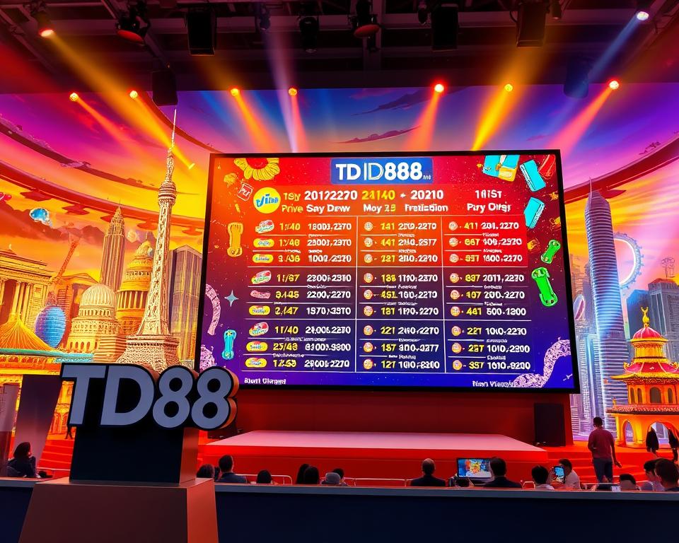 A vibrant and dynamic lottery draw scene, showcasing the diverse schedule of prize drawings across South Vietnam's provinces. The foreground features the TD88 logo prominently displayed, its sleek design complementing the overall aesthetic. In the middle ground, a large digital display board presents the upcoming draw dates and locations, with colorful graphics and animations capturing the excitement of the events. The background depicts an array of iconic landmarks and cityscapes from the region, bathed in warm, golden lighting that creates a celebratory atmosphere. The composition conveys a sense of anticipation and community, inviting viewers to participate in the thrilling world of South Vietnamese lottery draws.