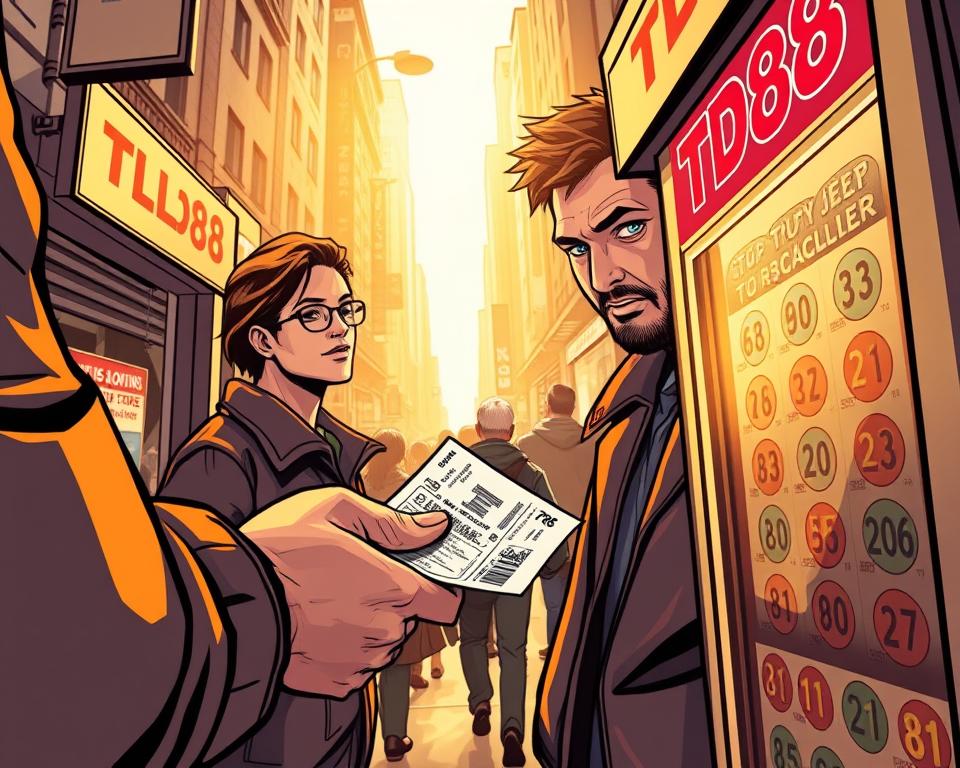 A vibrant and dynamic scene of a person purchasing a lottery ticket from a TD88 branded kiosk, surrounded by the bustling energy of a city street. The foreground features the lottery vendor's hands delicately handling the lottery ticket and exchange of money, conveying the excitement and anticipation of the moment. The middle ground showcases the focused expression of the ticket buyer, their eyes fixed on the transaction, reflecting the careful consideration and strategy behind their lottery purchase. The background is filled with the blurred silhouettes of passersby, creating a sense of the larger social context and the confluence of individual hopes and dreams that the lottery represents. The lighting is warm and golden, evoking a sense of opportunity and fortune, while the overall composition and perspective draw the viewer's attention to the central act of purchasing the lottery ticket.