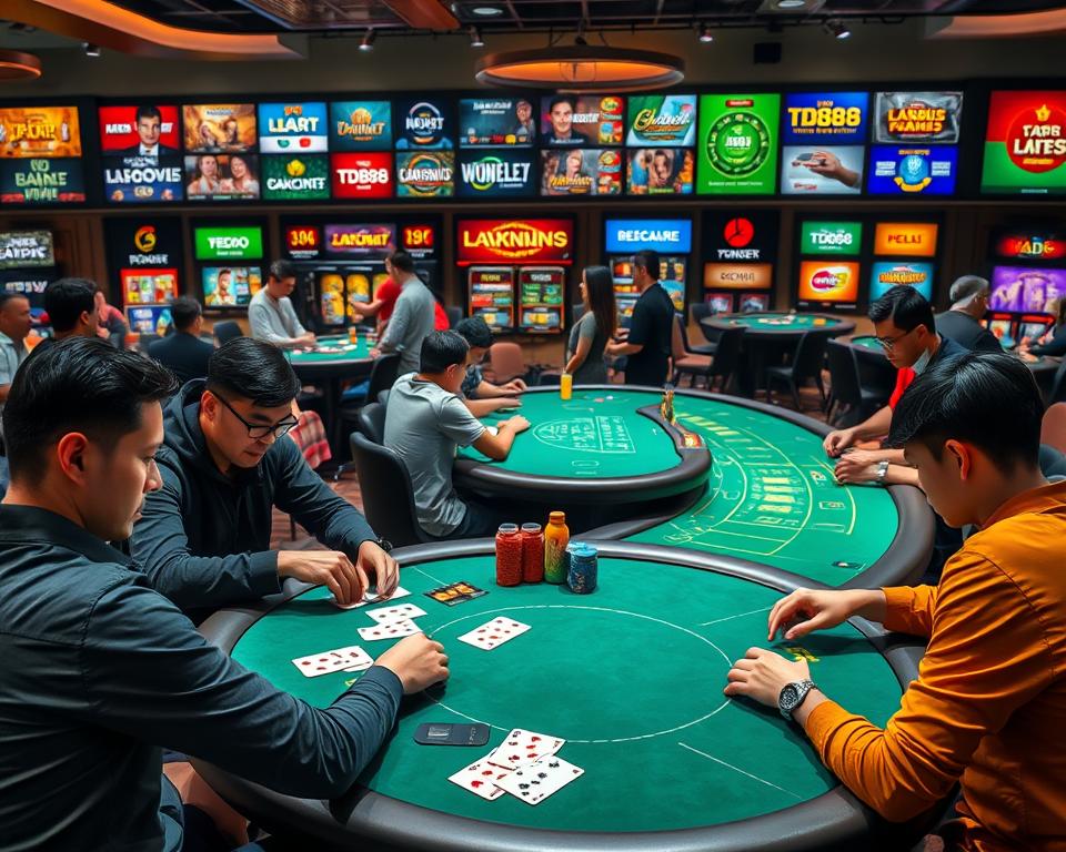 A vibrant and dynamic scene showcasing a variety of popular card games. In the foreground, a table with players engaged in a lively game of poker, their expressions intense as they scrutinize their cards. In the middle ground, a group gathered around a game of baccarat, the green felt table illuminated by soft, warm lighting. In the background, a diverse array of other card game options, including the classic TD88 game, are displayed, inviting viewers to explore the breadth of popular casino-style card game experiences. The overall atmosphere exudes an air of excitement and camaraderie, capturing the essence of a lively gaming establishment.