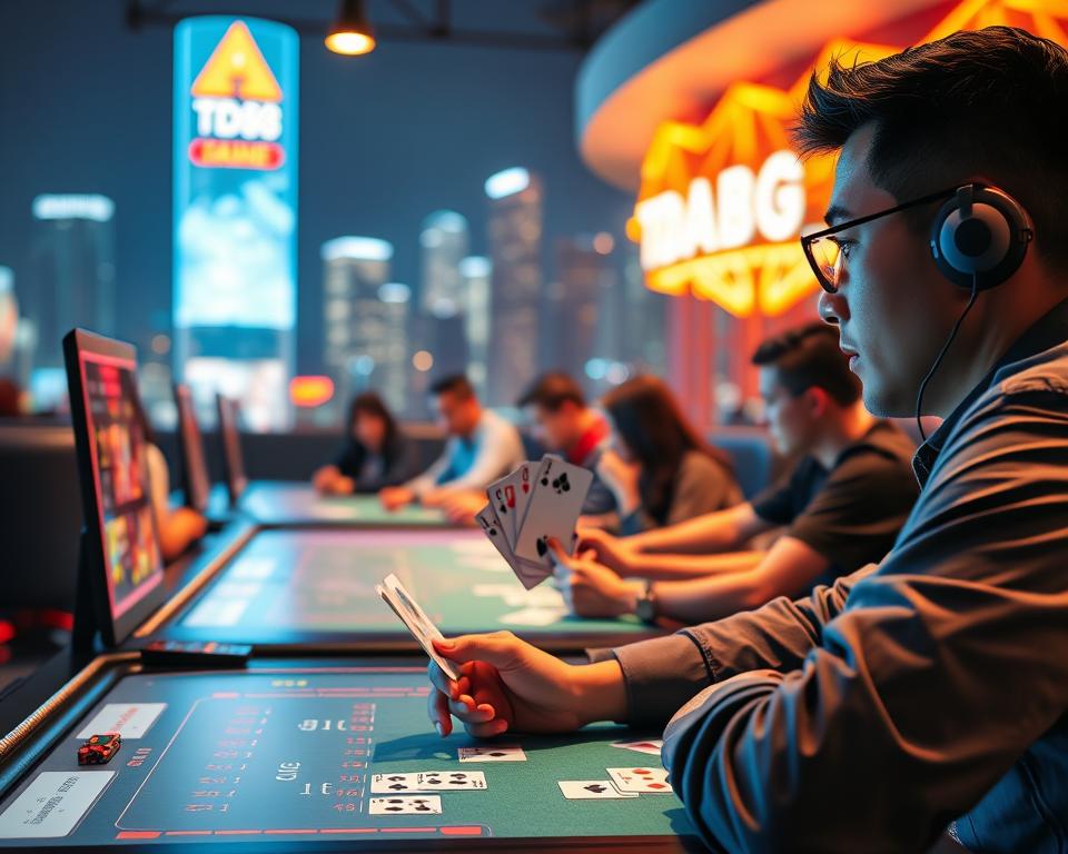 A vibrant and engaging scene of online gambling, showcasing the TD88 brand. In the foreground, a player sits at a virtual table, cards in hand, their face illuminated by the glow of a sleek, modern interface. The middle ground features other players engaged in the game, creating a sense of lively competition. In the background, a subtle cityscape with skyscrapers and neon lights sets the urban, high-tech atmosphere. The lighting is warm and inviting, drawing the viewer into the immersive experience of online card gaming. Realistic textures, depth of field, and a cinematic camera angle all contribute to the overall captivating and professional aesthetic.