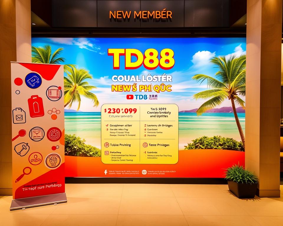 A vibrant and modern promotion display showcasing the "TD88" brand's special offers for new members at the Corona Phú Quốc resort. The foreground features a bold, dynamic design with stylized icons, graphics, and a prominent "TD88" logo. The middle ground highlights the key promotion details, such as discounts, complimentary services, and exclusive privileges. The background depicts a serene tropical landscape with lush palm trees, azure skies, and the iconic Phú Quốc coastline, creating a visually striking and aspirational atmosphere. The lighting is warm and inviting, accentuating the resort's luxurious ambiance. The overall composition is visually compelling, drawing the viewer's attention to the enticing new member promotion.