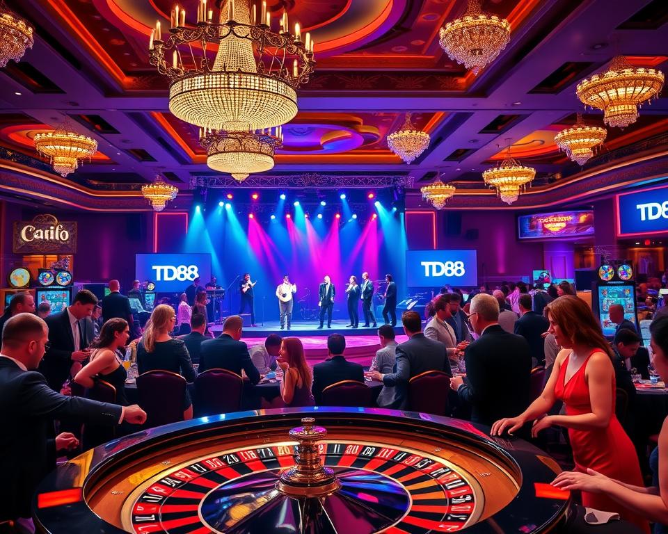 A vibrant casino event with a lively atmosphere. The foreground features a stylish roulette table surrounded by well-dressed patrons eagerly placing their bets. In the middle ground, a stage showcases a captivating live performance, with musicians and dancers entertaining the crowd. The background is filled with the glitz and glamour of the casino, complete with chandeliers, neon lights, and the iconic TD88 branding. The overall scene conveys a sense of excitement and high-energy entertainment, perfectly capturing the essence of a casino's celebratory atmosphere.