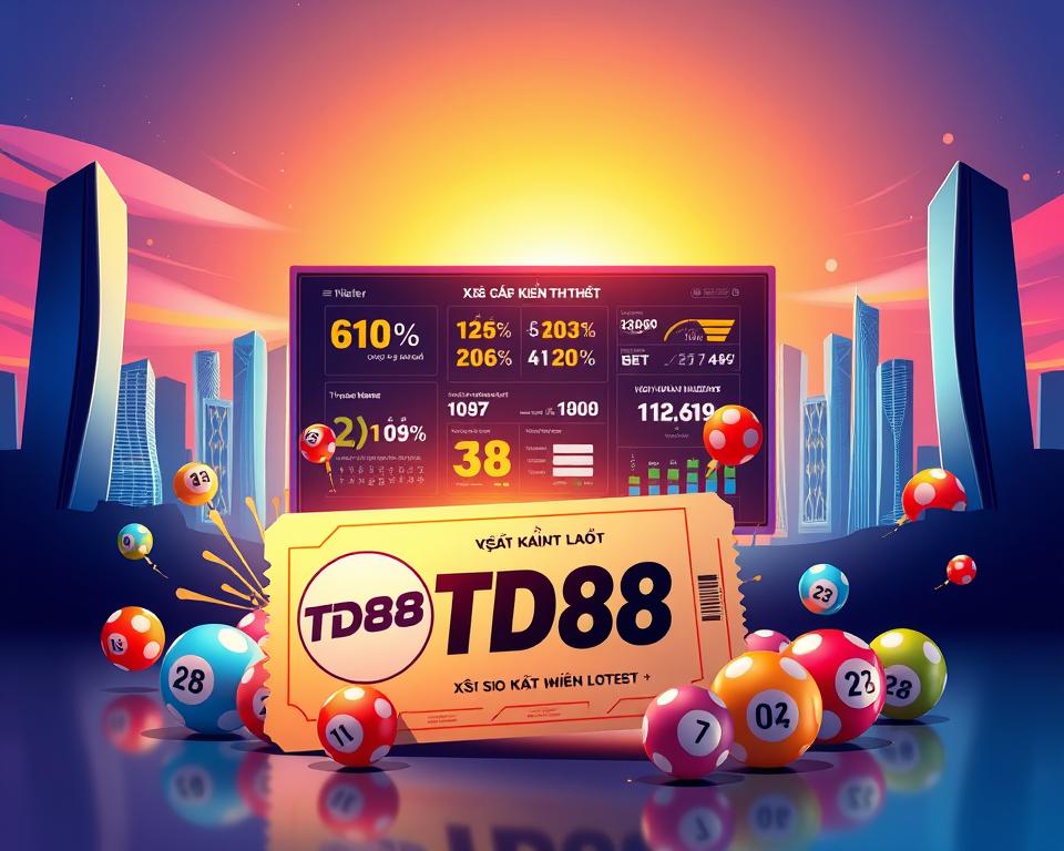 A vibrant digital illustration showcasing the latest and most noteworthy news and developments in the Vietnamese national lottery, "Xổ Số Kiến Thiết". In the foreground, a stylized lottery ticket with the prominent brand "TD88" takes center stage, surrounded by a dynamic swirl of colorful lottery balls, each representing the latest winning numbers. In the middle ground, a projection screen displays eye-catching infographics and statistics, highlighting the most significant lottery events and trends. The background features a sleek, modern cityscape, bathed in a warm, inviting glow, symbolizing the excitement and anticipation surrounding the lottery. The overall composition conveys a sense of energy, innovation, and the thrill of the chase for the next big jackpot.
