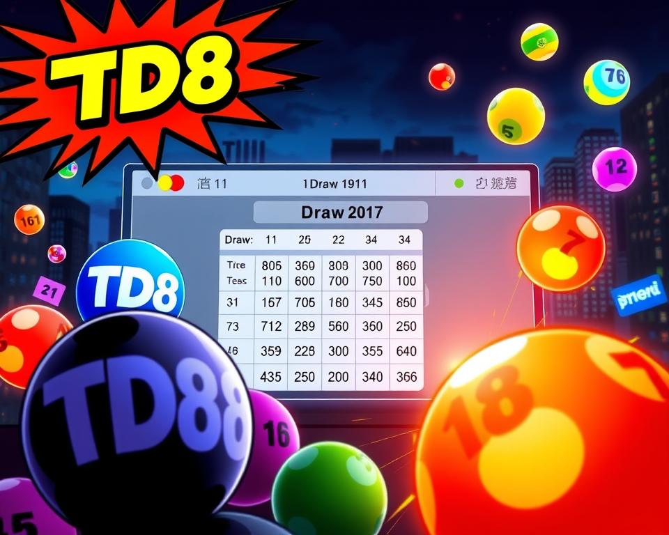 A vibrant display of the latest North Vietnam lottery results, showcasing a visually striking presentation of the winning numbers. The foreground features a large, bold TD88 logo, surrounded by colorful, glowing orbs representing the individual lottery balls. The middle ground depicts a clean, modernistic interface with the draw date, prize details, and number combinations presented in a sleek, digital style. The background suggests an atmospheric night scene, with soft city lights and a subtle sense of anticipation. The overall composition conveys a sense of excitement and immediacy, inviting the viewer to engage with the latest North Vietnam lottery updates.