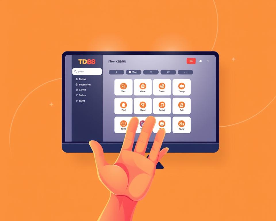 A vibrant, minimalist illustration of the "Cách tham gia khuyến mãi không giới hạn" section. In the foreground, a welcoming hand gesture with the TD88 logo inviting users to participate. The middle ground features a clean, modern interface with intuitive navigation controls. The background showcases a dynamic, abstract pattern in a warm, inviting color palette. Subtle lighting creates a sense of depth and emphasis on the key elements. The overall composition conveys a user-friendly, accessible experience for new casino members.