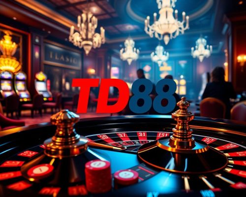 A vibrant, realistic online casino scene with the TD88 logo prominently displayed. The foreground features a luxurious roulette table, with crisp, sharply-focused chips and cards. The middle ground showcases a glamorous, dimly-lit casino interior, with plush seating, ornate chandeliers, and the faint glow of slot machines. The background is hazy, with the silhouettes of players engrossed in the excitement of the games. The lighting is dramatic, casting long shadows and creating an atmosphere of anticipation and adventure. The overall mood is one of sophistication, opulence, and the thrill of high-stakes gaming.