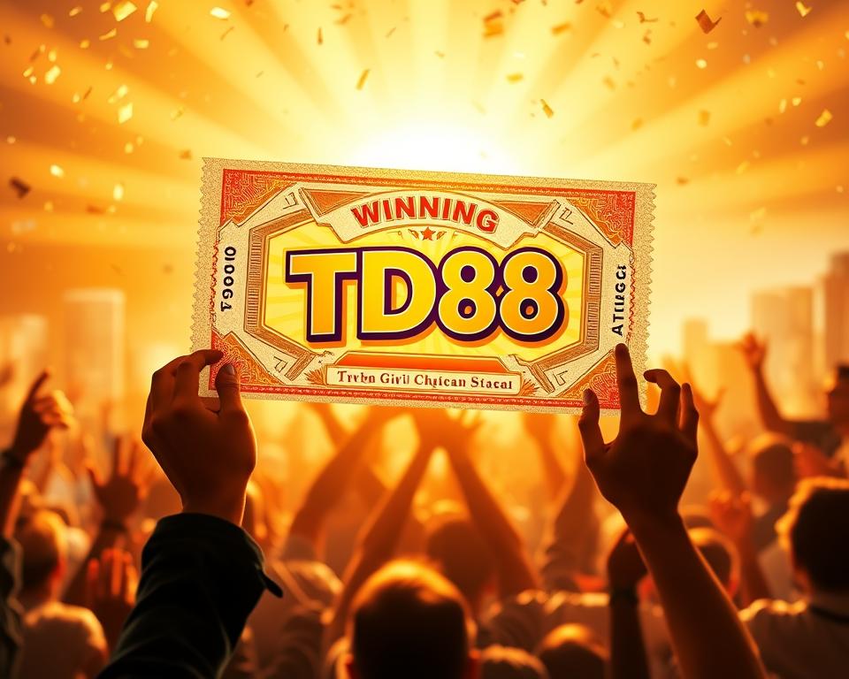A vibrant, triumphant lottery ticket with the winning TD88 logo, glowing against a backdrop of golden sunbeams and confetti. The foreground showcases the ticket's intricate design, with bold, captivating colors and a sense of celebration. The middle ground features a crowd of excited people, their hands raised in joy, creating an atmosphere of anticipation and shared success. The background blends a soft, hazy cityscape with a dreamy, ethereal quality, emphasizing the transformative power of the "vé trúng giải đặc biệt" (grand prize winning ticket). The lighting is warm and inviting, evoking a feeling of prosperity and new beginnings.