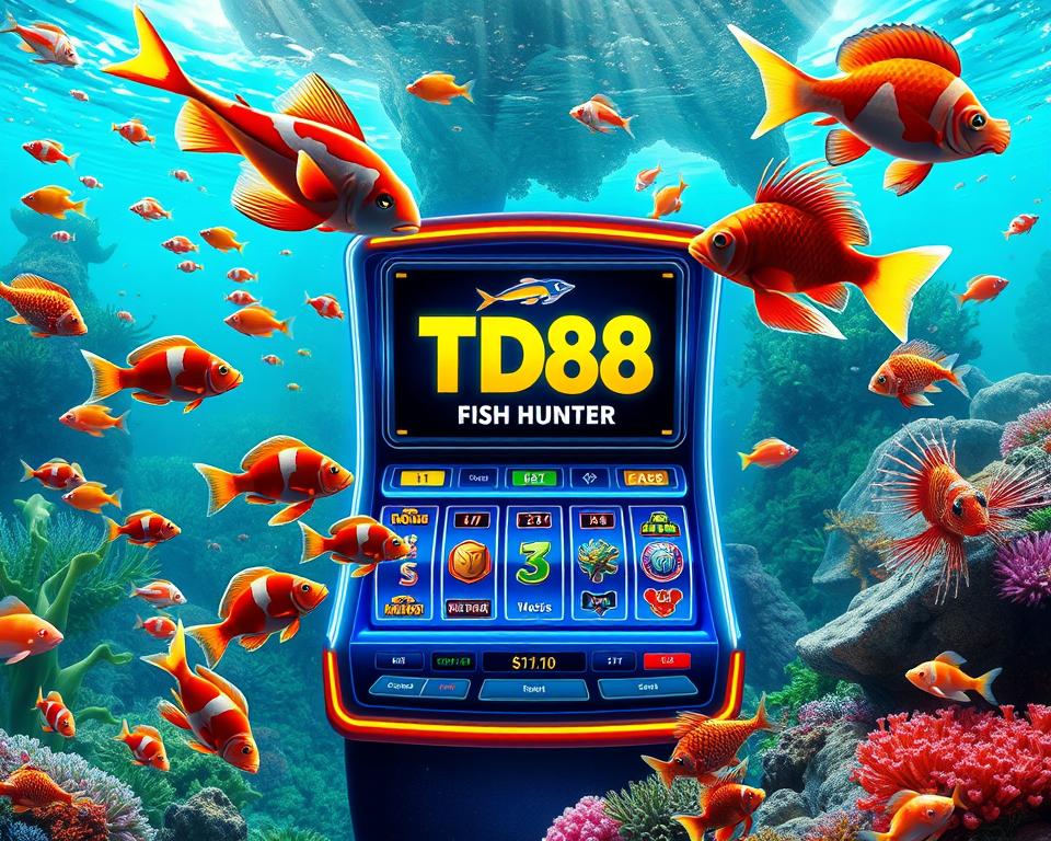 A vibrant underwater scene featuring a stylized casino-themed game of Fish Hunter. The foreground showcases a diverse array of colorful tropical fish, including schools of glistening koi, playful clownfish, and majestic lionfish, all swimming against a backdrop of seaweed and coral formations. In the middle ground, a sleek, neon-lit casino-style interface with the TD88 logo prominently displayed, complete with intuitive controls and interactive game elements. The background depicts a lush, submerged environment with shimmering sunlight filtering through the water, creating a sense of depth and immersion. The overall mood is one of vibrant, engaging gameplay set within a captivating underwater world.