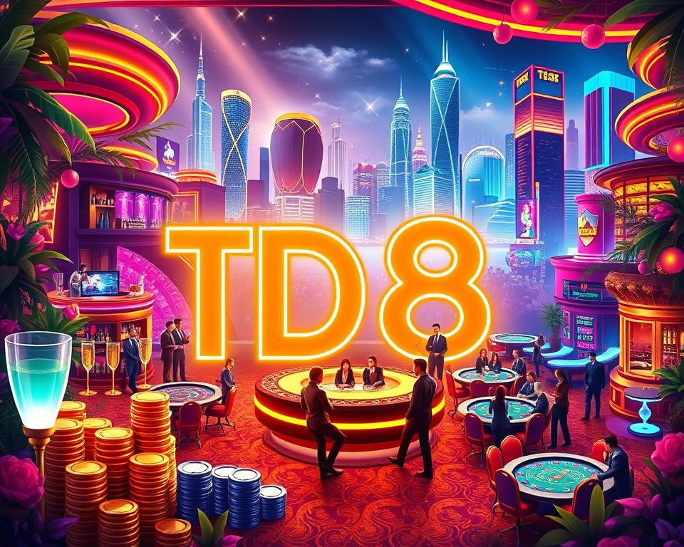 A visually stunning illustration of the boundless benefits for new members at the premier casino, TD88. A lush, vibrant scene showcases a diverse array of rewards and perks - from stacks of coins and casino chips to luxurious accommodations and exclusive VIP access. The foreground is dominated by a large, glowing neon "TD88" sign, casting a warm glow over the entire composition. In the middle ground, well-dressed patrons enjoy lavish amenities like a champagne bar, gaming tables, and plush lounges. The background features a dazzling cityscape, with towering skyscrapers and neon-lit entertainment venues. The overall mood is one of excitement, opulence, and the thrill of limitless possibilities for new members.