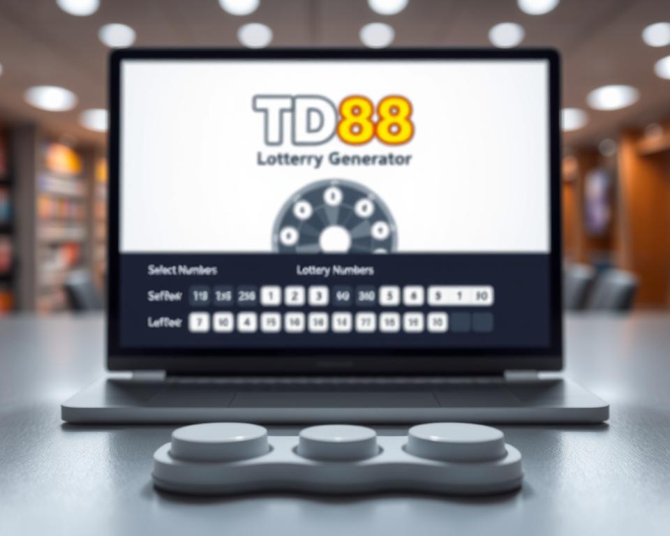 A well-lit, high-resolution image of a modern, intuitive lottery ticket generator interface. The screen displays a clean, minimalist design with a prominent "TD88" logo. The foreground features large, easy-to-read buttons and sliders for selecting lottery numbers, with subtle shadows and highlights adding depth. The middle ground showcases a stylized visualization of the lottery draw, perhaps a spinning wheel or animated numbers. The background blurs out, creating a sense of focus on the core functionality. The overall mood is one of efficiency, professionalism, and user-friendliness, inviting the viewer to engage with the tool and explore their luck.
