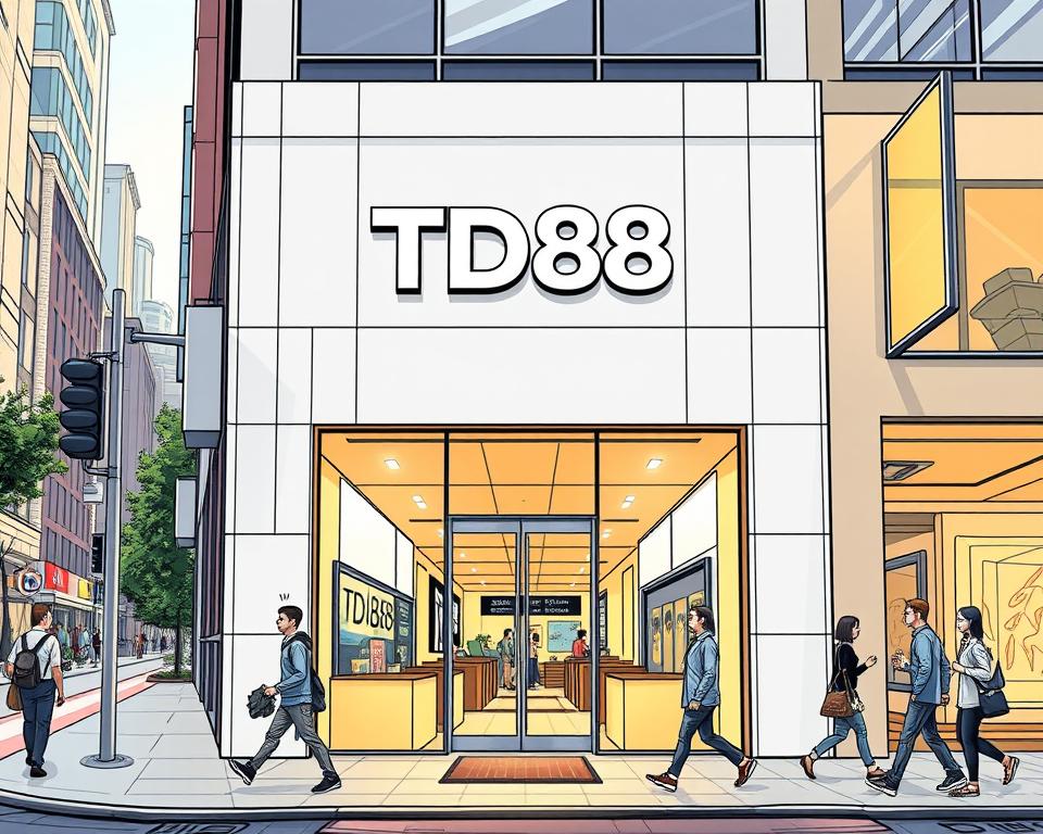 Detailed and realistic illustration of the TD88 brand storefront. Set in a bustling urban streetscape, the facade features the bold TD88 logo prominently displayed above the entrance. The building has a modern, minimalist design with large windows showcasing the interior. Warm lighting accentuates the sleek, professional appearance. Pedestrians casually walk by, contributing to the lively atmosphere. The scene conveys a sense of professionalism, accessibility, and potential for a rewarding partnership as a TD88 dealer.