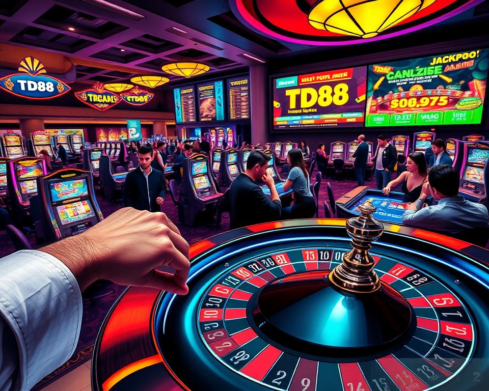 Detailed casino gaming scene with vivid colors and dynamic elements. Wide shot of a modern online casino lobby with brightly lit gaming tables, slot machines, and interactive displays. In the foreground, a hand placing a bet on a roulette table bearing the TD88 logo. Patrons gathered around the tables, engrossed in the thrill of the games. Dramatic lighting casts dramatic shadows, creating an atmosphere of excitement and anticipation. In the background, a large display screen showcases various casino promotions and jackpot information. The scene exudes a sense of energy, inviting the viewer to immerse themselves in the online casino experience.