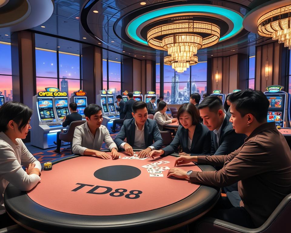 a hyper-realistic, cinematic, 4k render of a modern casino interior with a sophisticated, elegant atmosphere. In the foreground, a group of people are playing a card game on a stylish gaming table with the TD88 logo prominently displayed. The players are immersed in the game, their facial expressions and body language conveying a sense of excitement and friendly competition. The middle ground features sleek, high-tech gaming terminals and kiosks, where other patrons are engaged with the latest AI-powered casino games. The background showcases a lavish, well-lit lounge area with plush seating, ornate chandeliers, and floor-to-ceiling windows offering a panoramic view of a vibrant, futuristic cityscape. The overall scene highlights the seamless integration of AI technology within a luxurious, state-of-the-art entertainment environment.