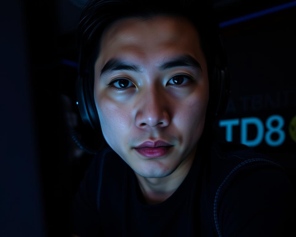 A close-up portrait of a charismatic Vietnamese streamer, their face illuminated by the soft glow of a computer screen. They sit in a dimly lit room, surrounded by gaming peripherals and a branded backdrop featuring the logo "TD88". The streamer's expression is intense, their eyes focused on the camera, conveying a sense of confidence and professionalism. The lighting is dramatic, creating deep shadows and highlights that accentuate the streamer's features. The overall atmosphere is one of a successful, popular online personality in the world of Vietnamese game streaming.