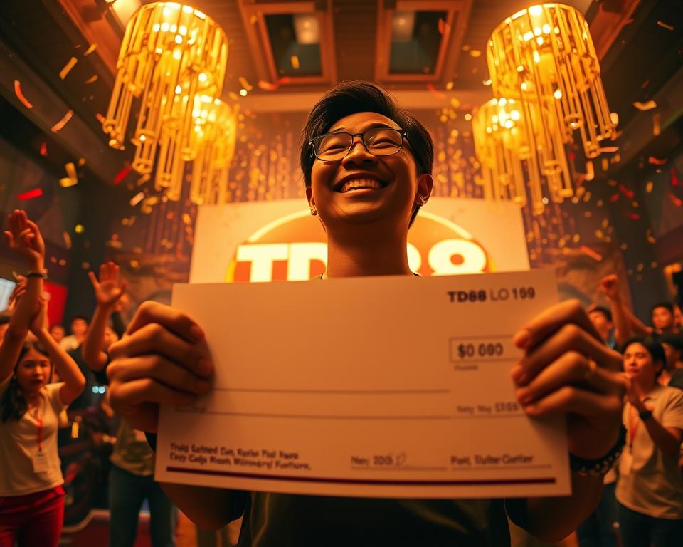 A grand lottery winner's tale, a captivating scene of triumph and fortune. In the foreground, a victorious individual holding a symbolic check, their expression exuding joy and disbelief. The middle ground showcases the iconic TD88 logo, a testament to the life-changing event. The background depicts a vibrant, celebratory atmosphere, with confetti raining down and a sense of excitement palpable. Warm lighting casts a glow over the entire composition, creating an air of celebration and prosperity. Captured through a wide-angle lens, the image conveys the magnitude and significance of this extraordinary moment in the winner's life.