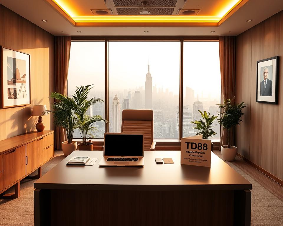 A serene, modern office interior with warm lighting and clean lines. The centerpiece is a sleek, professional-looking desk with a laptop, stationary, and a tactful sign that reads "TD88 - Reliable Provider". Behind the desk, a large window offers a picturesque city skyline view. The room is tastefully decorated with minimalist artwork and potted plants, conveying a sense of trustworthiness and efficiency. The overall atmosphere is one of tranquility and competence, suitable for a reliable international lottery betting service.