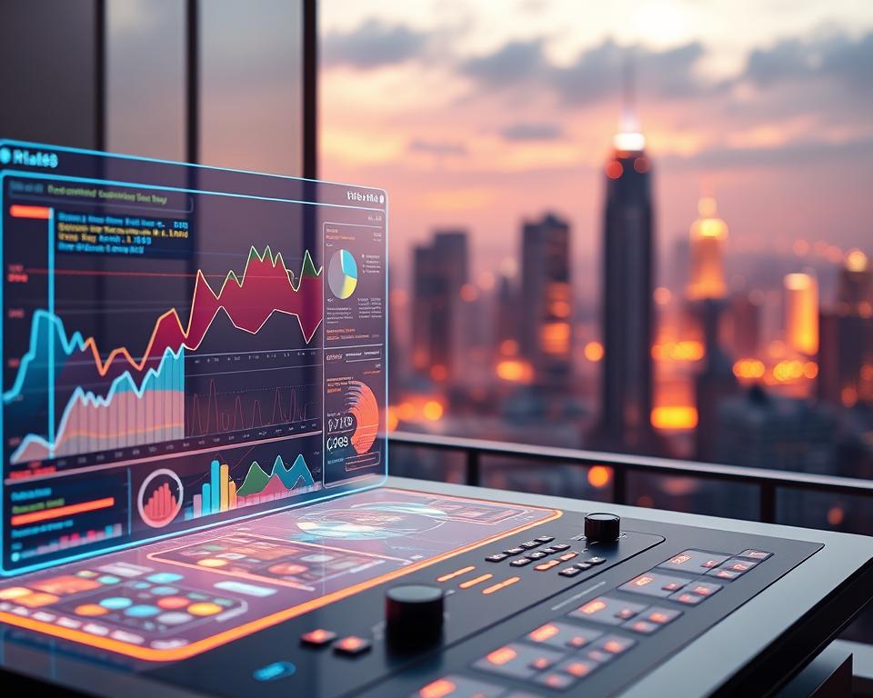 A sleek, futuristic interface showcasing the cutting-edge AI analytics capabilities of the TD88 app. In the foreground, a holographic display presents a vibrant data visualization, with dynamic graphs and charts conveying insights at a glance. The middle ground features a sophisticated control panel, with intuitive touch controls and a minimalist aesthetic. In the background, a serene cityscape bathes the scene in warm, diffused lighting, creating a sense of technological prowess and urban sophistication. The overall atmosphere evokes a powerful, streamlined experience that harnesses the predictive power of AI to revolutionize lottery forecasting.