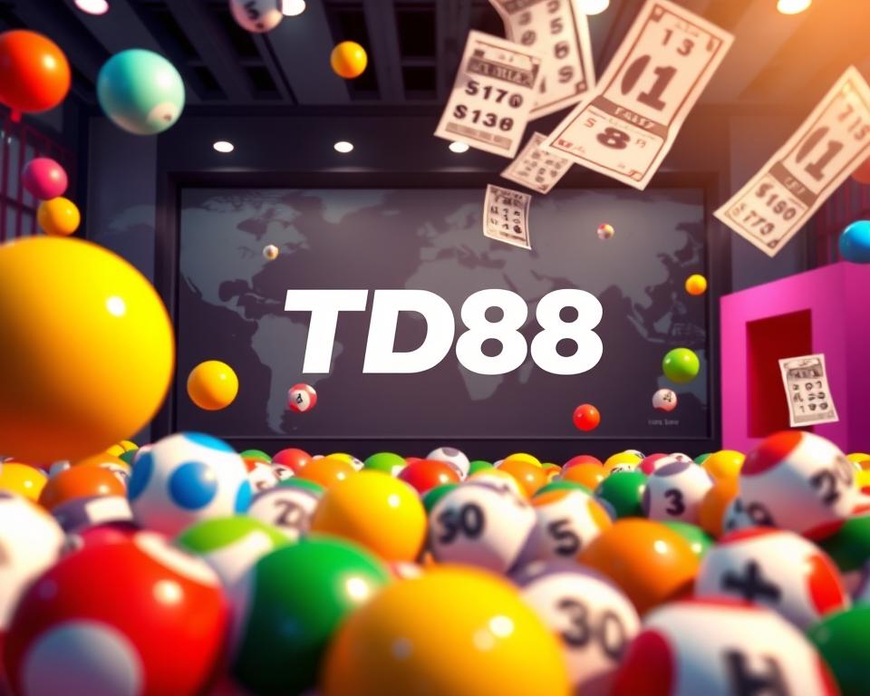 A vibrant and captivating illustration showcasing the various international lottery formats. In the foreground, a display of lottery balls in diverse colors, representing the global reach of these games. In the middle ground, a projection of lottery ticket stubs, highlighting the excitement and anticipation of participating. In the background, a sleek and modern design featuring the TD88 brand name, conveying a sense of professionalism and trustworthiness. The lighting is soft and diffused, creating a warm and inviting atmosphere. The lens captures the scene from a slightly elevated angle, providing a comprehensive view of the subject matter. Overall, the image exudes a sense of dynamism and international appeal, perfectly suited to illustrate the section on understanding international lottery betting.